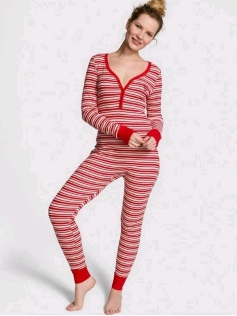 Victorias Secret Pink Striped Thermal One Piece Pajamas